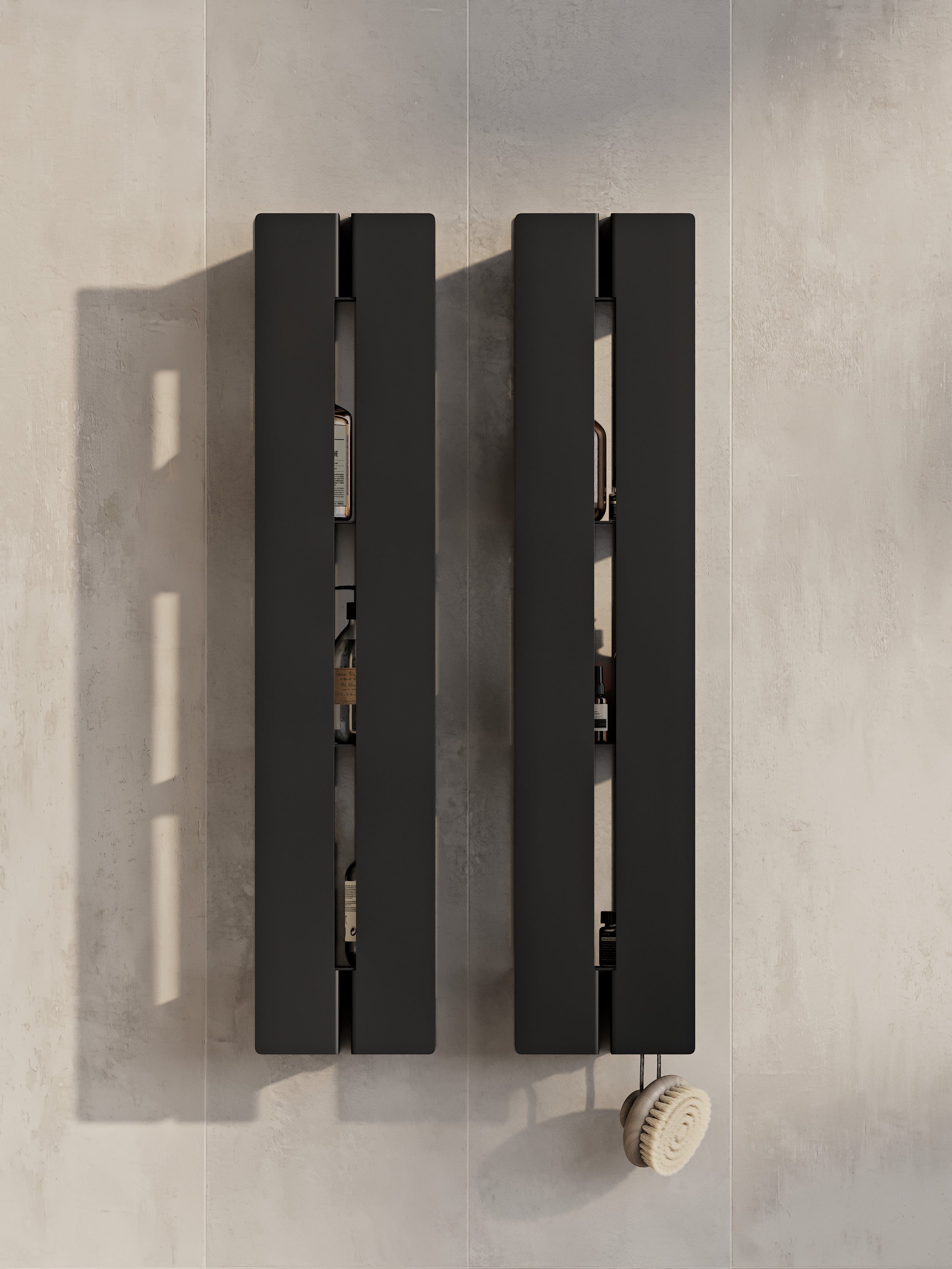 Vertikales Badezimmerregal | Wandmontierte Aufbewahrung | Organizer mit verdeckter Klappe | Edelstahl | Modernes Design | Schwarz oder Weiß