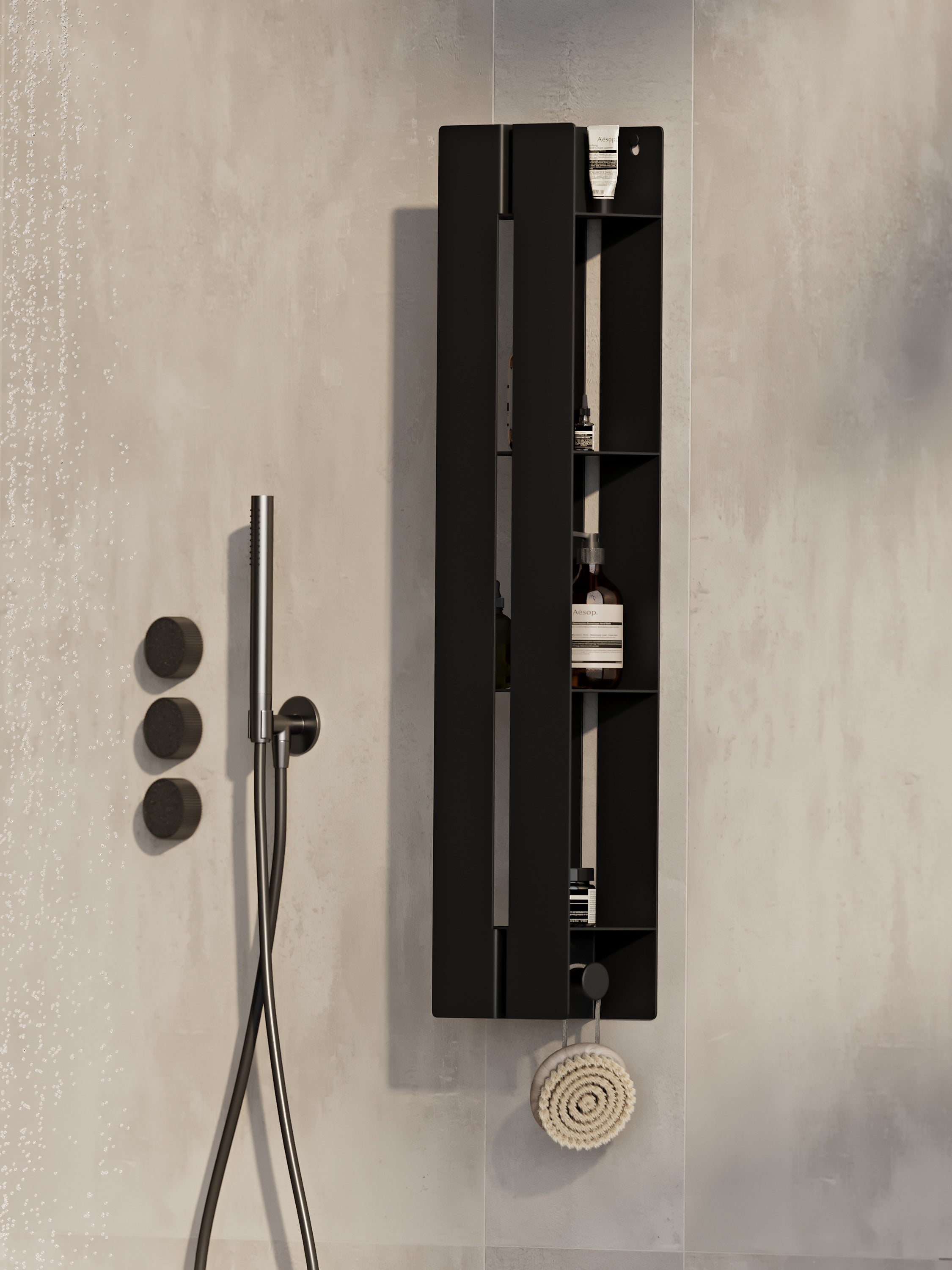 Vertikales Badezimmerregal | Wandmontierte Aufbewahrung | Organizer mit verdeckter Klappe | Edelstahl | Modernes Design | Schwarz oder Weiß