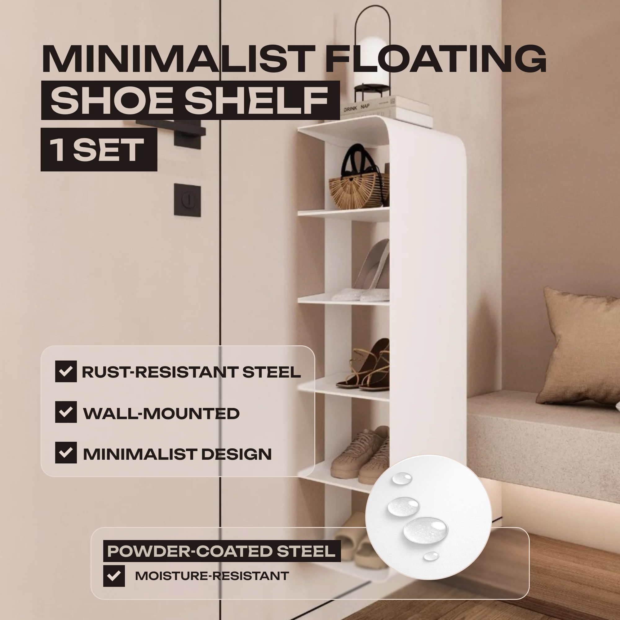 Schwebendes, wandmontiertes Schuhregal – Minimalistischer Organizer aus pulverbeschichtetem Stahl