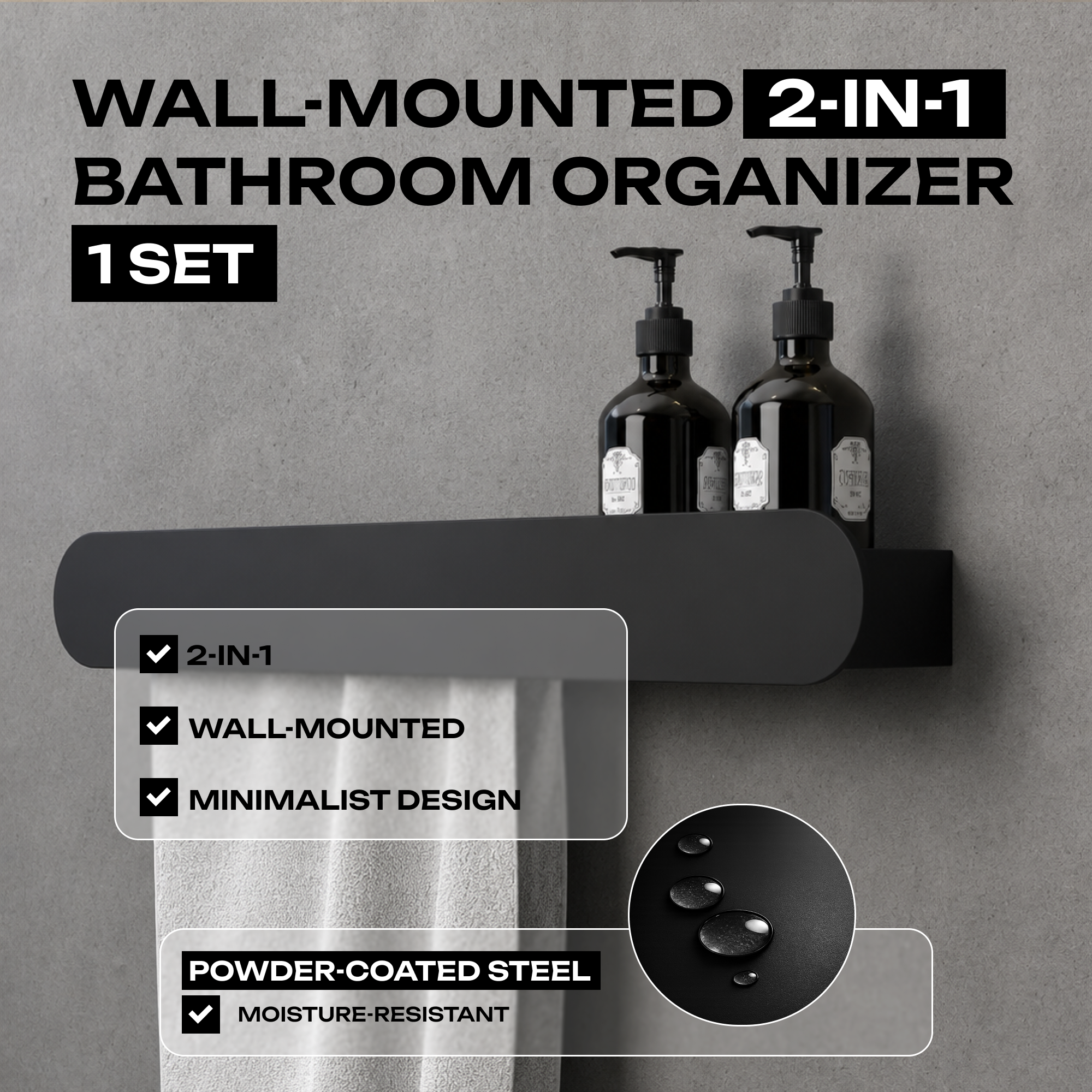 Steel Bathroom Shelf with Towel Bar