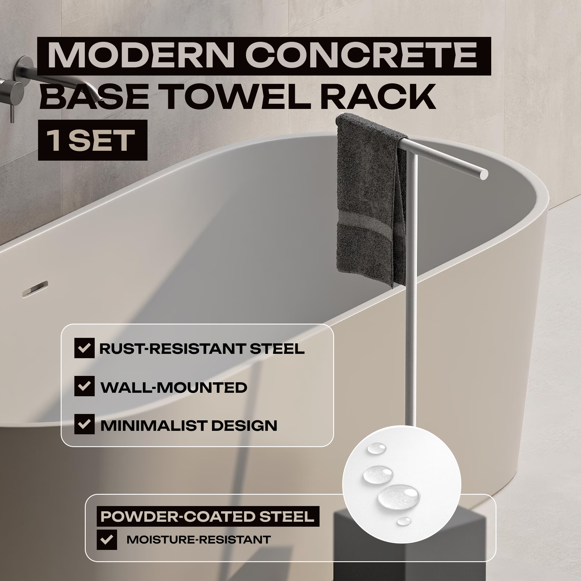 Freestanding Black Towel Rack Stand – Minimalist Bathroom Floor Holder, No Drill Installation
