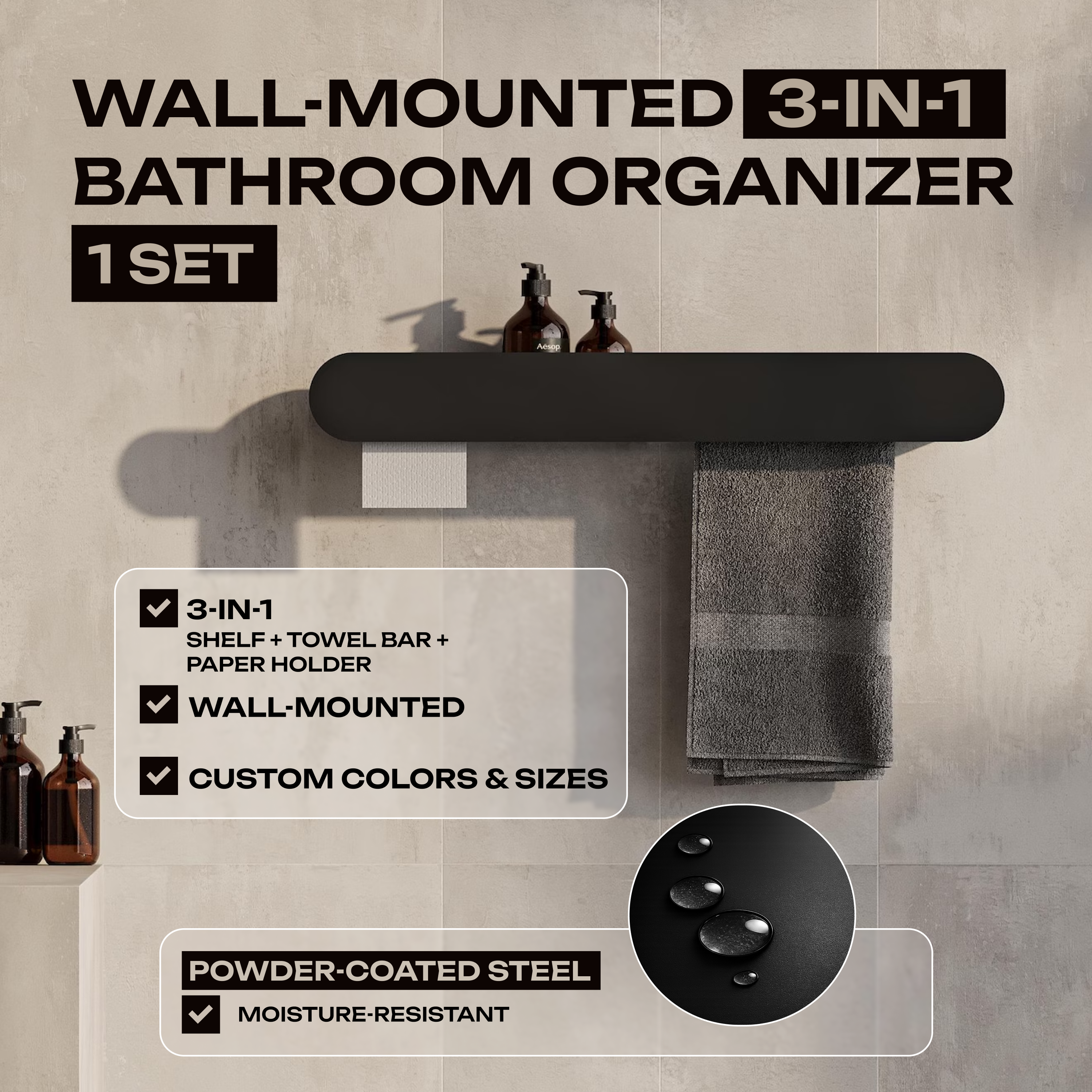 Mensola da bagno a parete con portasciugamani e porta carta igienica