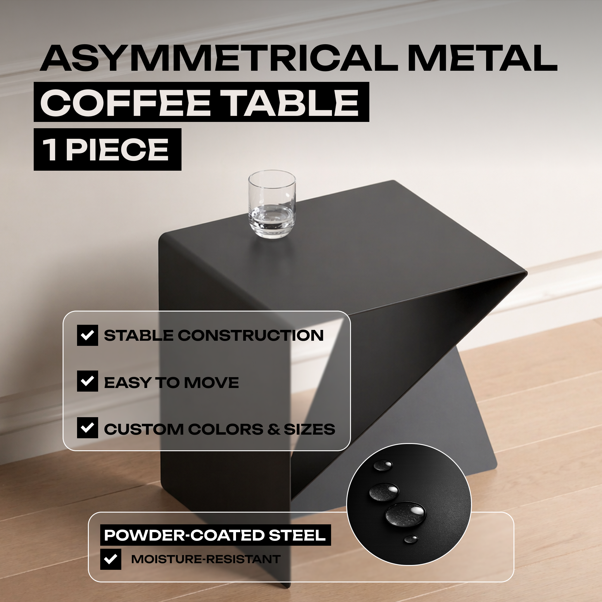 Tavolino da caffè asimmetrico in metallo disponibile in nero e giallo