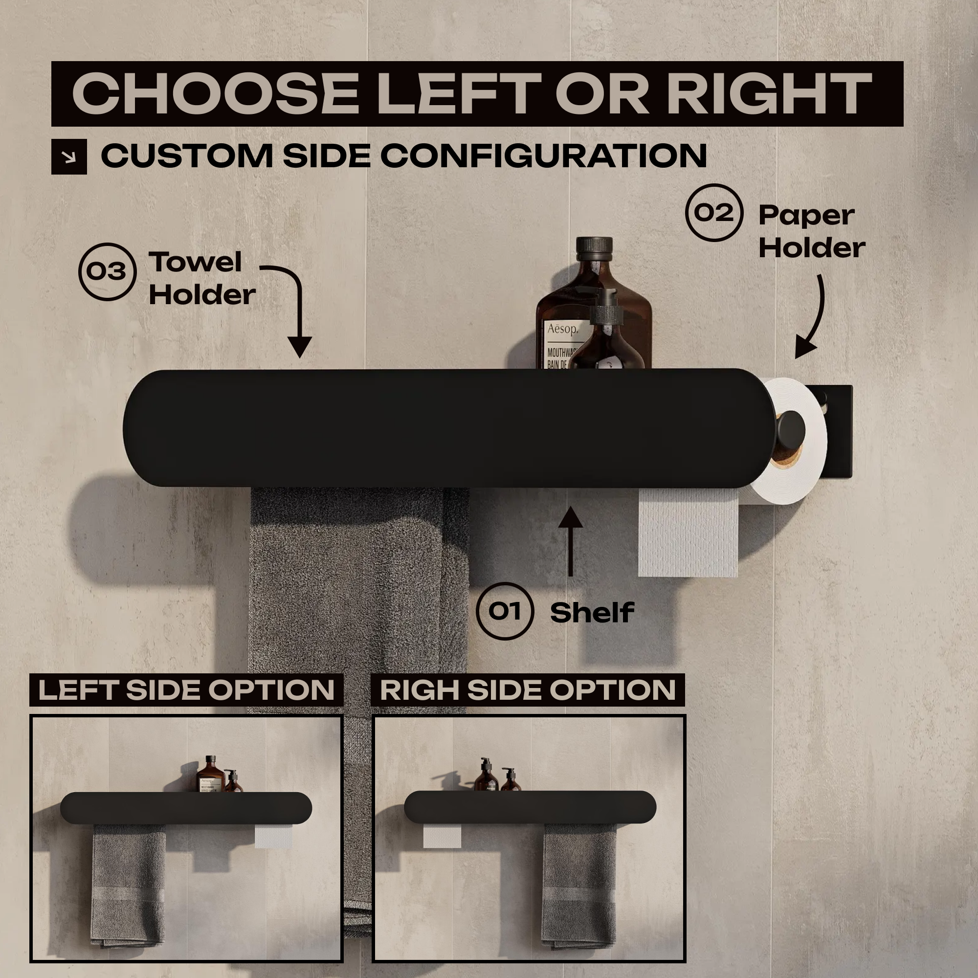 Mensola da bagno a parete con portasciugamani e porta carta igienica