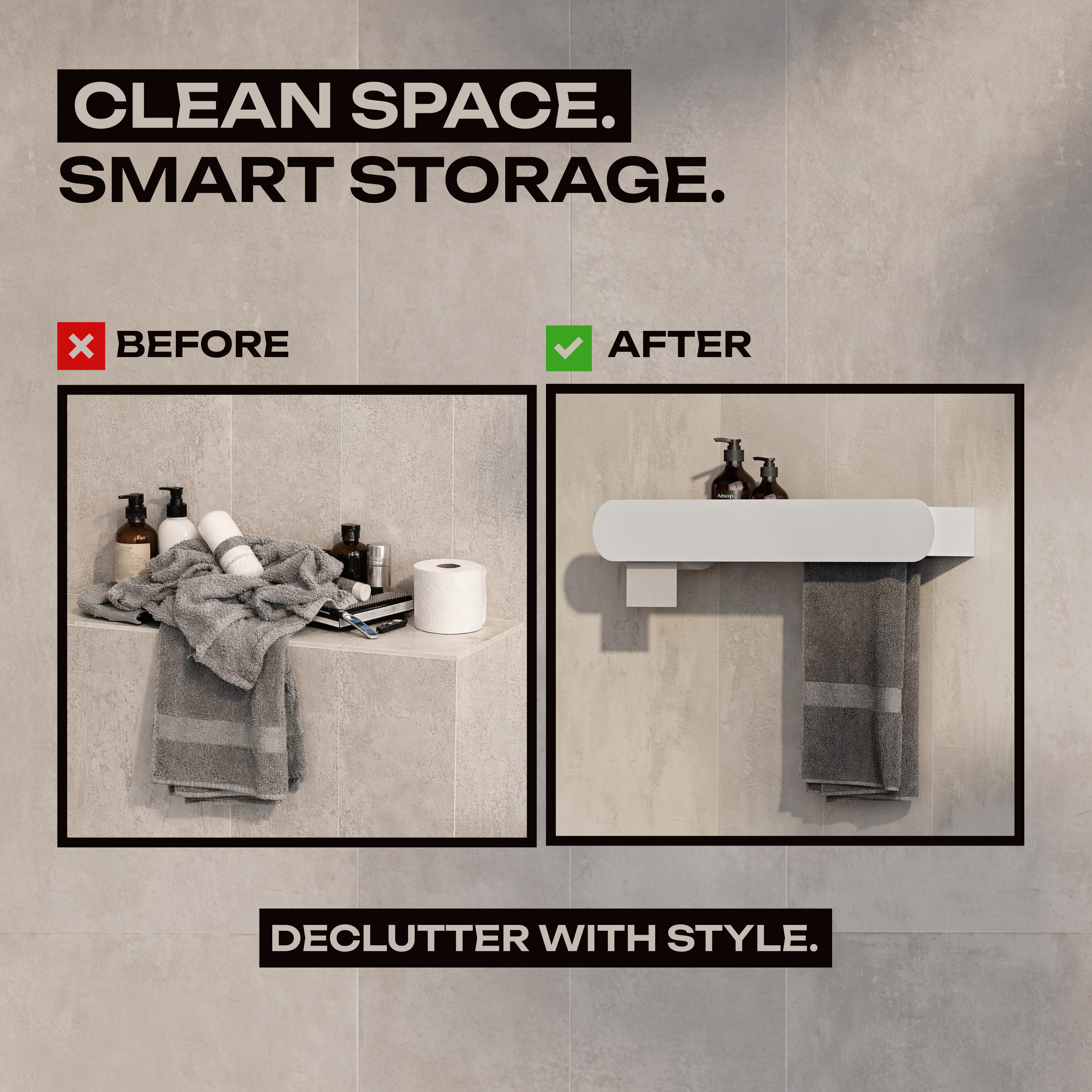 Mensola da bagno a parete con portasciugamani e porta carta igienica