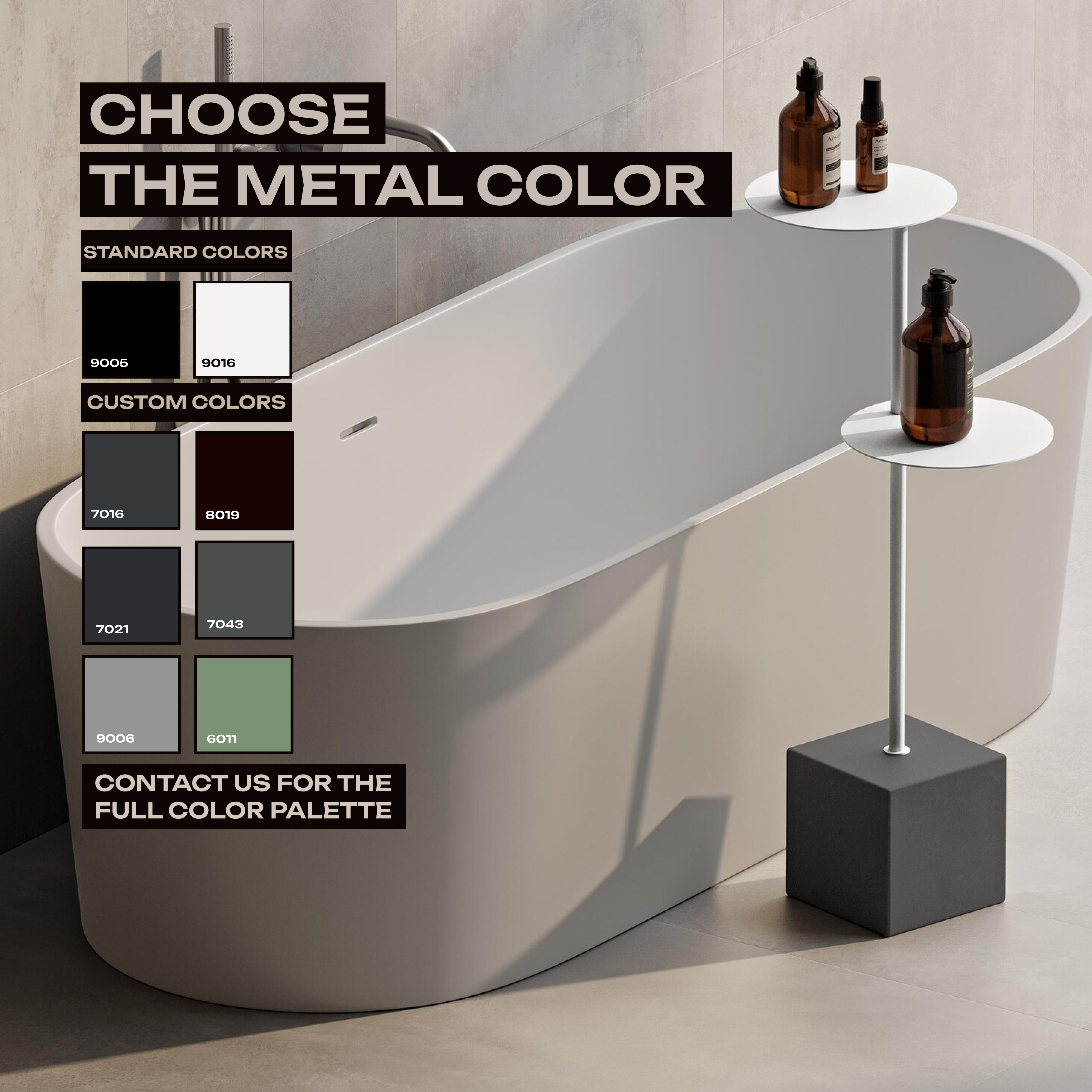 Moderner Badezimmer-Beistelltisch mit Betonsockel – Minimalistischer Stahlregalständer für Badewanne und Handtücher