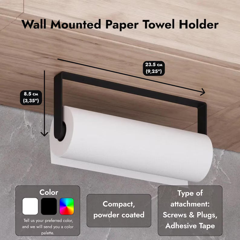 Portarotolo di carta da cucina a parete | Organizer da cucina in acciaio opaco nero o bianco | Accessori da cucina salvaspazio | Portarotolo da cucina