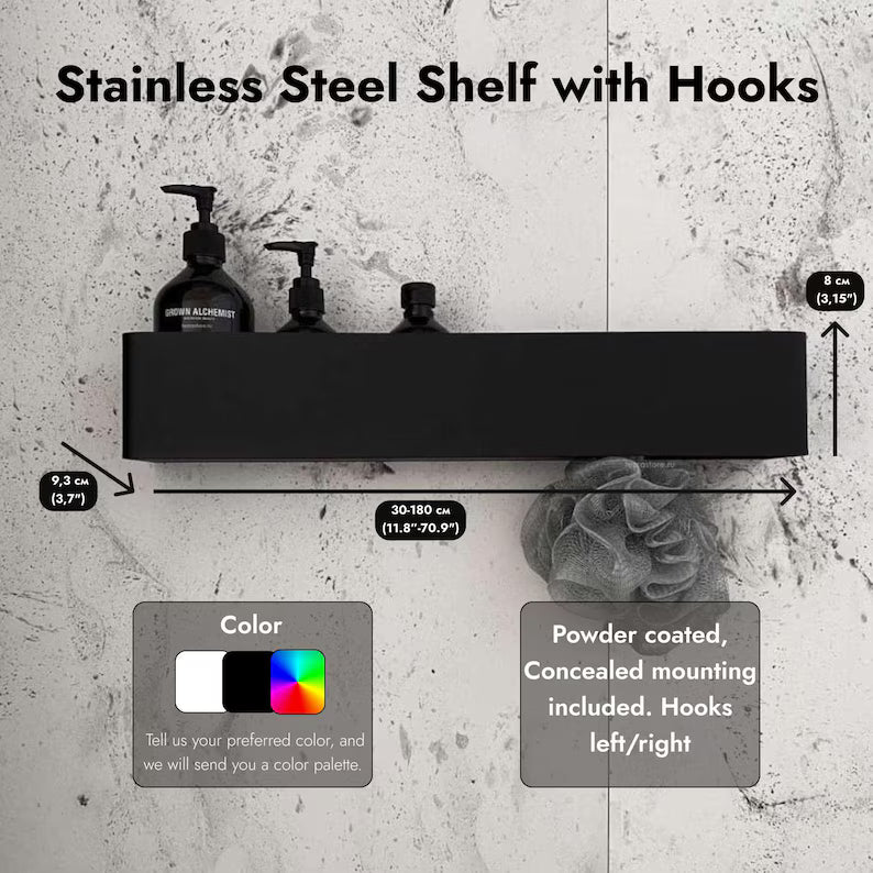 Edelstahlregal mit Haken | Pulverbeschichtetes Badezimmerregal für Flaschen und Handtücher | Moderner Wandorganizer | Duschregal