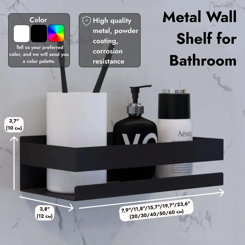 Schmale Metall-Wandablage fürs Badezimmer, erhältlich in Schwarz und Weiß | Wasserabweisendes Wandregal | Minimalistische Badezimmerdekoration