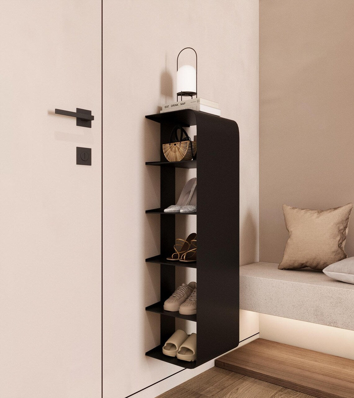 Schwebendes, wandmontiertes Schuhregal – Minimalistischer Organizer aus pulverbeschichtetem Stahl