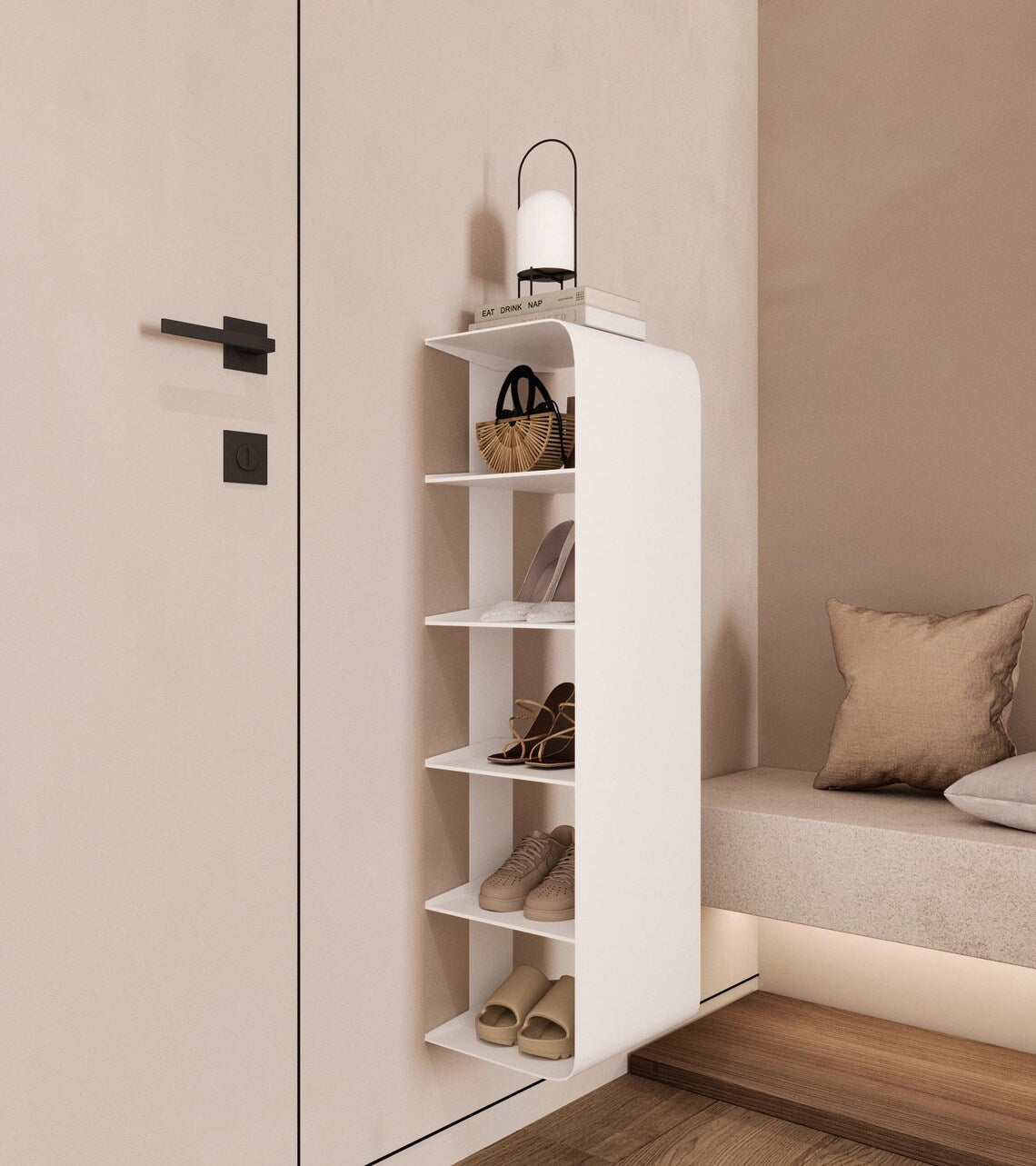 Schwebendes, wandmontiertes Schuhregal – Minimalistischer Organizer aus pulverbeschichtetem Stahl