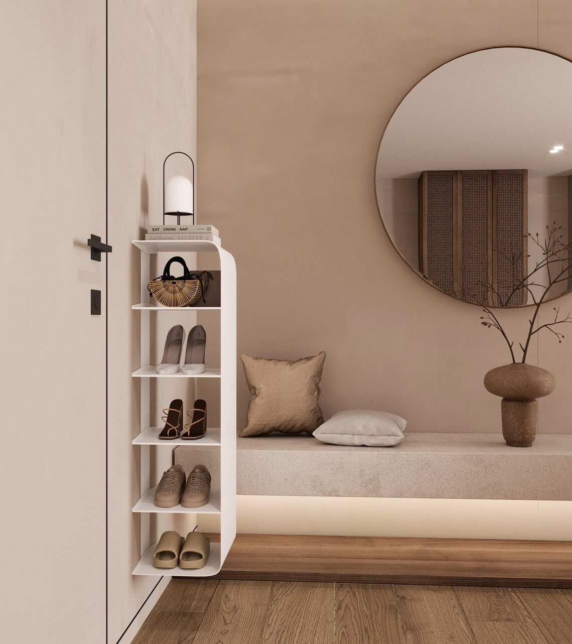Schwebendes, wandmontiertes Schuhregal – Minimalistischer Organizer aus pulverbeschichtetem Stahl