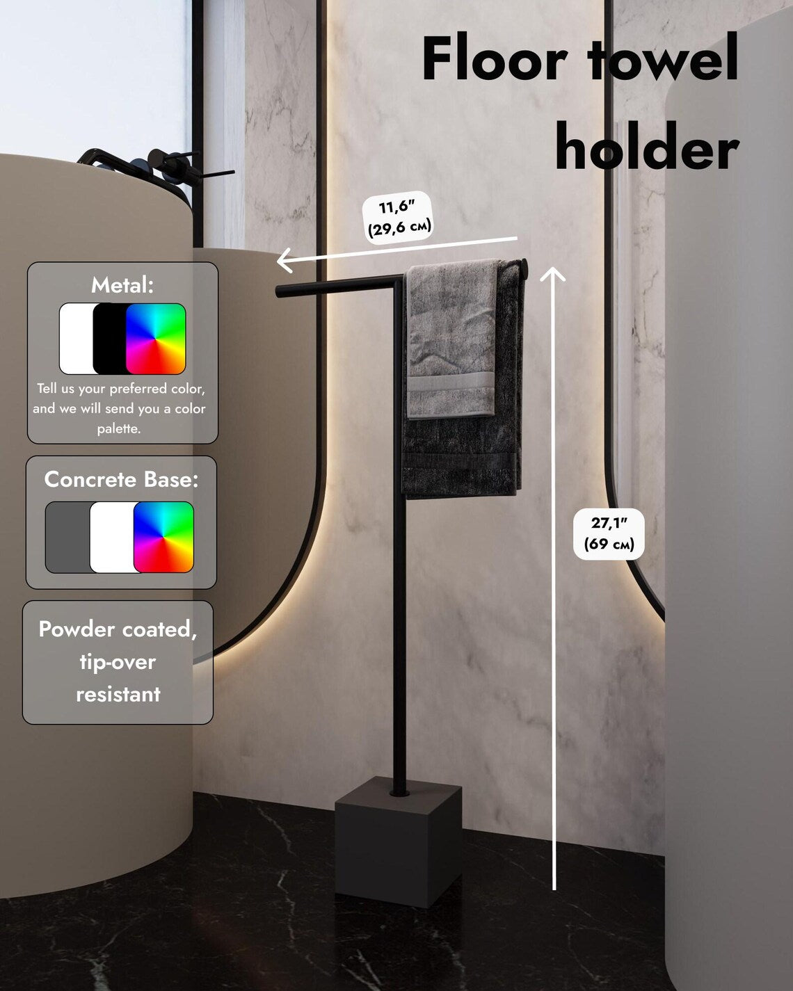 Portasciugamani nero indipendente – Supporto da pavimento per bagno minimalista, installazione senza trapano