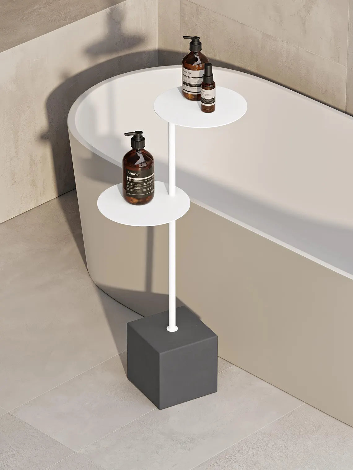 Tavolino da bagno moderno con base in cemento – Supporto in acciaio minimalista per vasca da bagno e asciugamani