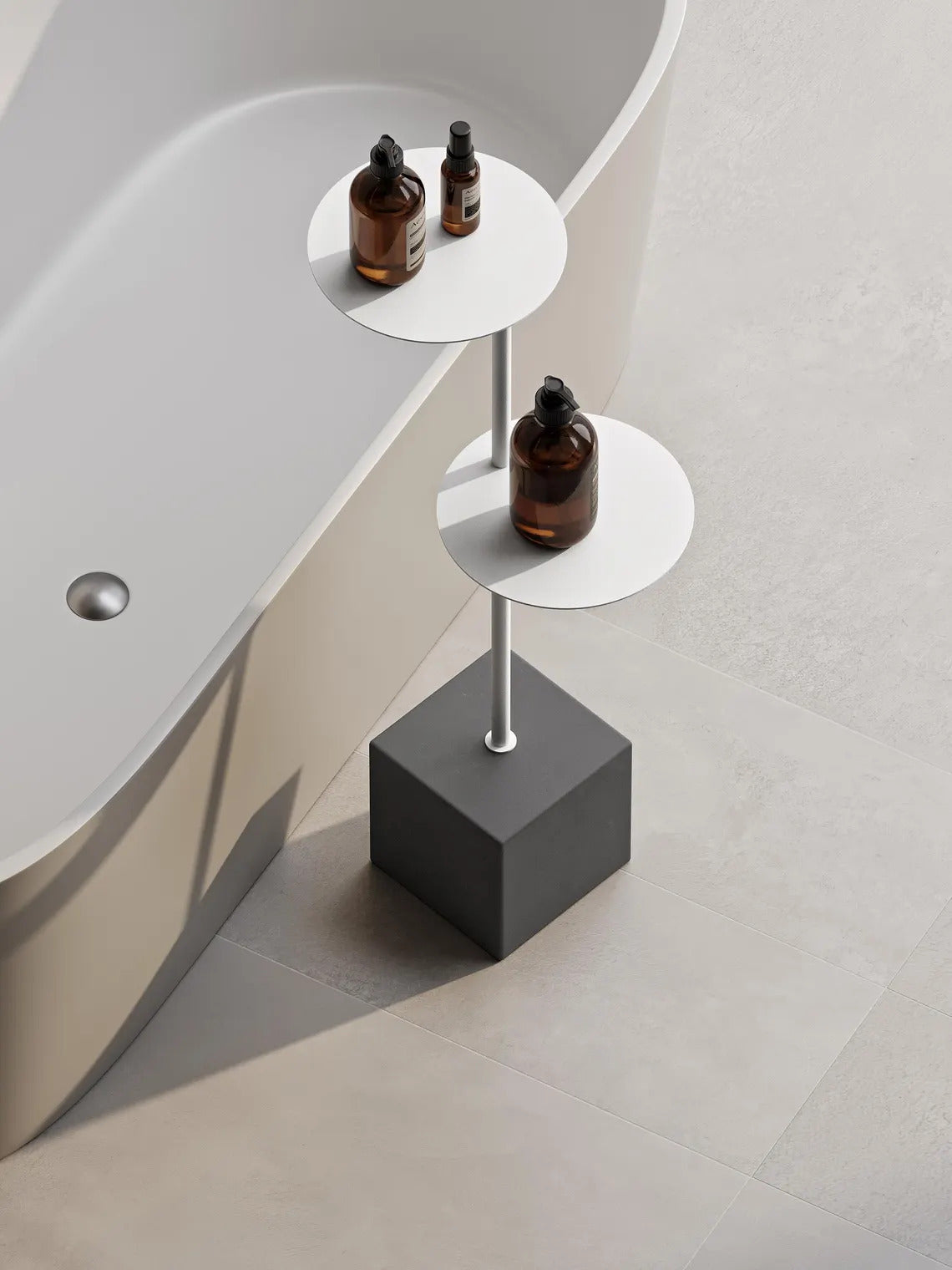 Tavolino da bagno moderno con base in cemento – Supporto in acciaio minimalista per vasca da bagno e asciugamani