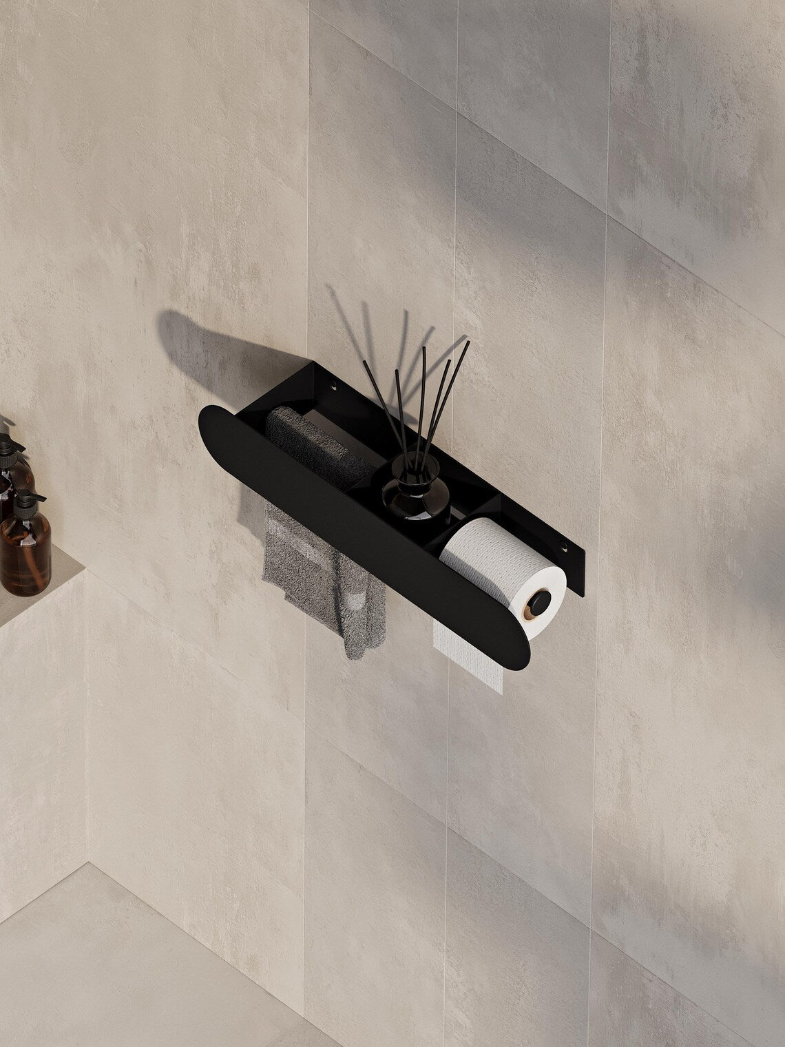 Mensola da bagno a parete con porta carta igienica – Portasciugamani nero opaco