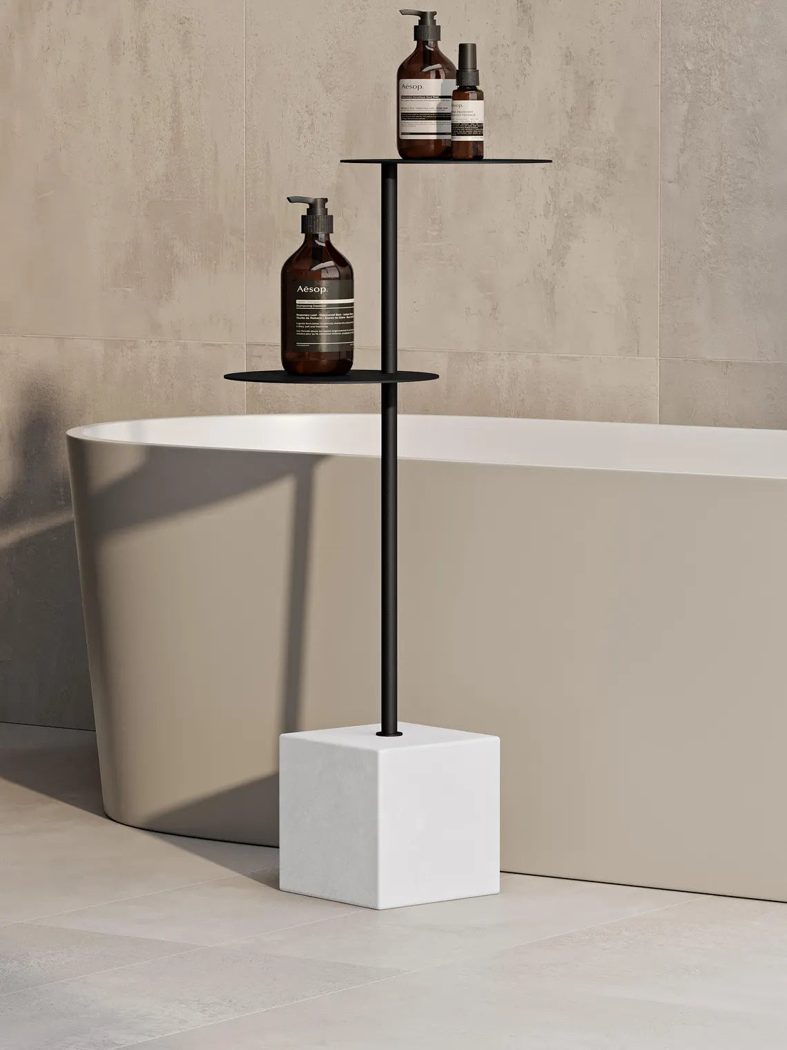 Moderner Badezimmer-Beistelltisch mit Betonsockel – Minimalistischer Stahlregalständer für Badewanne und Handtücher