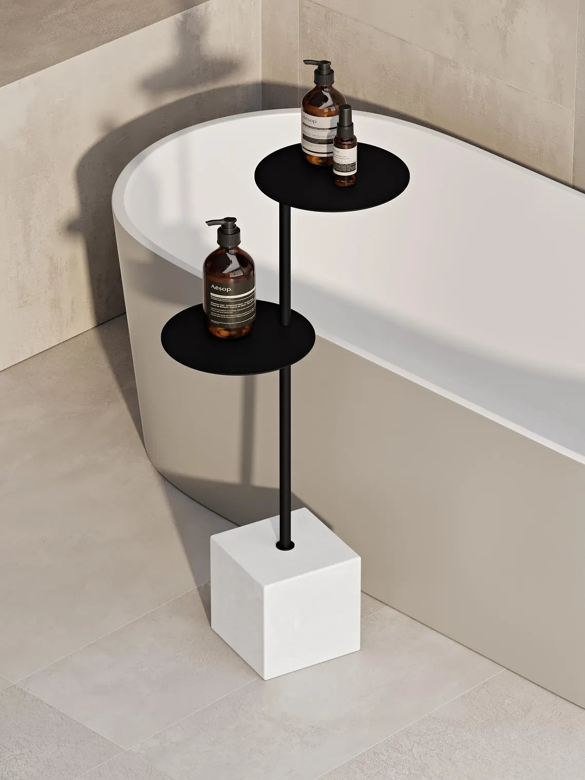 Moderner Badezimmer-Beistelltisch mit Betonsockel – Minimalistischer Stahlregalständer für Badewanne und Handtücher