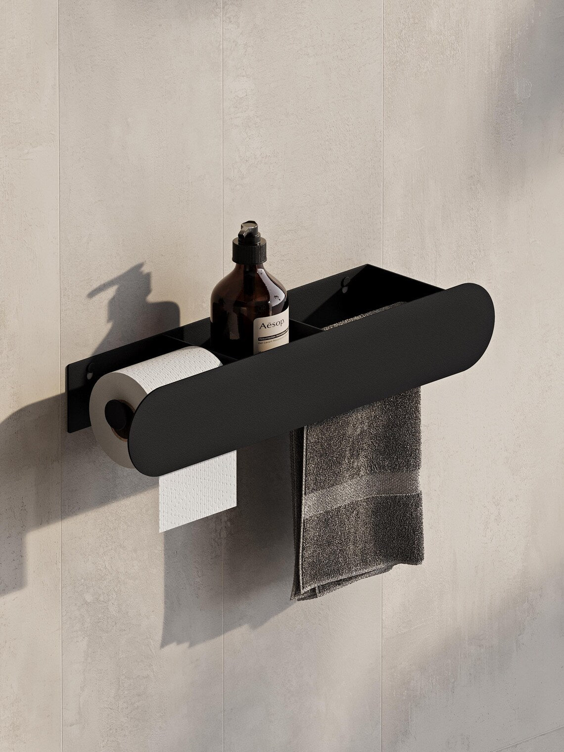 Mensola da bagno a parete con porta carta igienica – Portasciugamani nero opaco