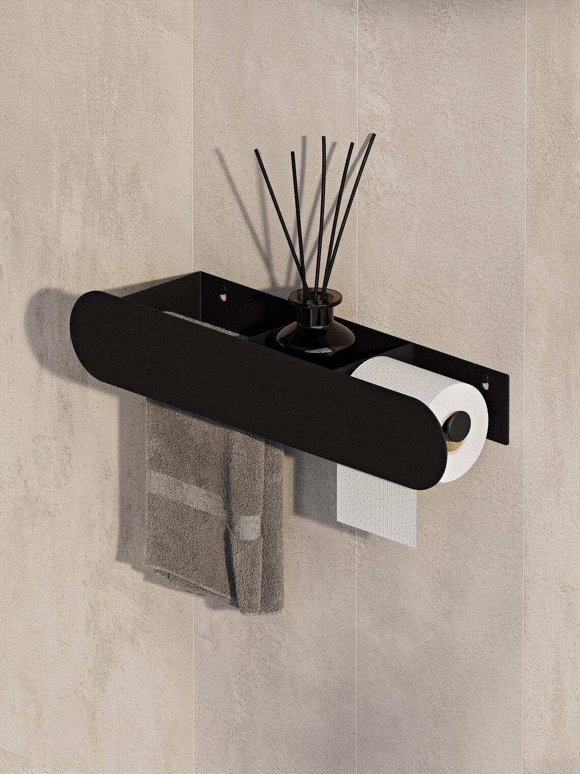 Mensola da bagno a parete con porta carta igienica – Portasciugamani nero opaco