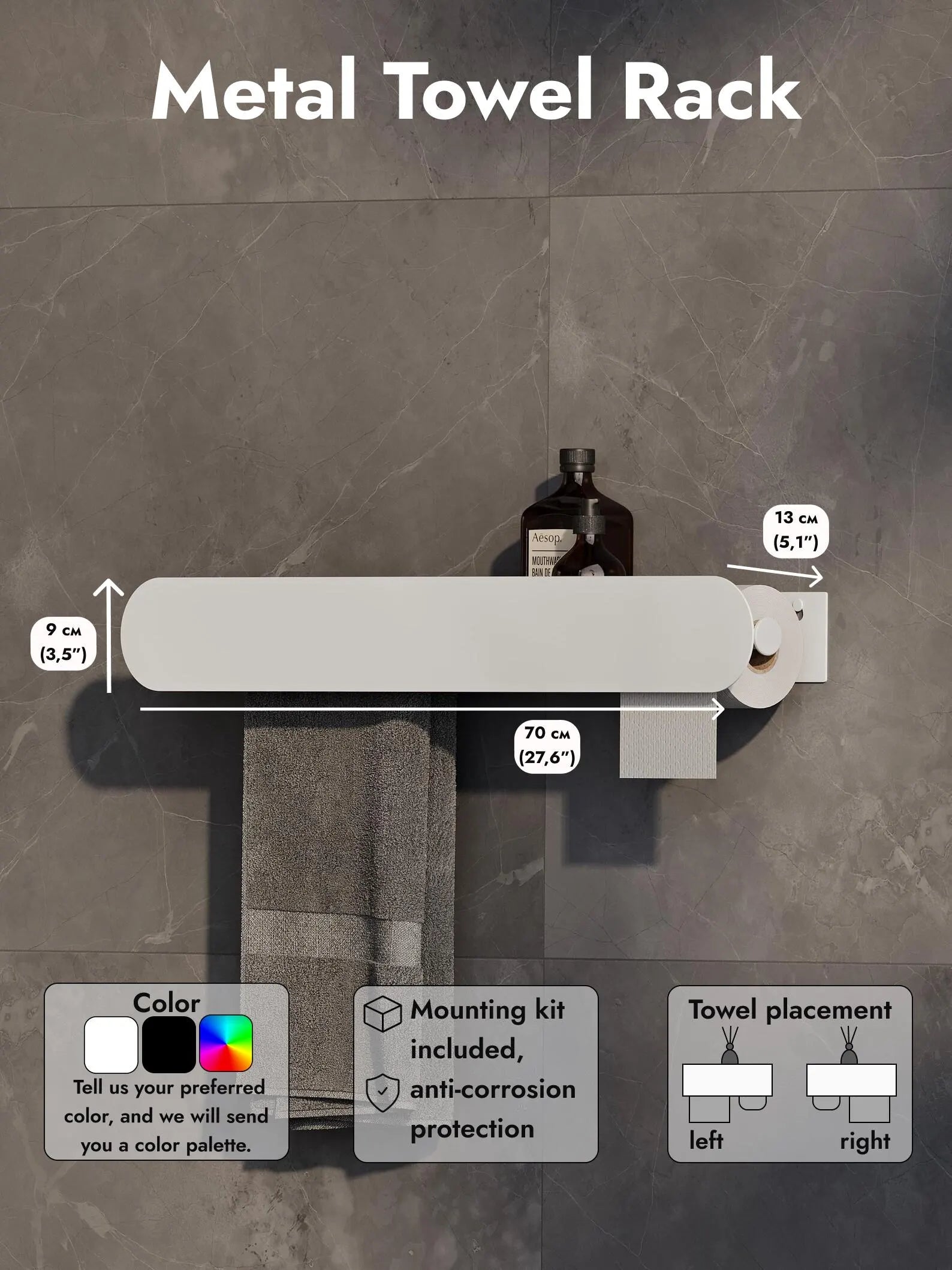 Wall-Mounted Bathroom Shelf with Towel Bar & Toilet Paper Holder