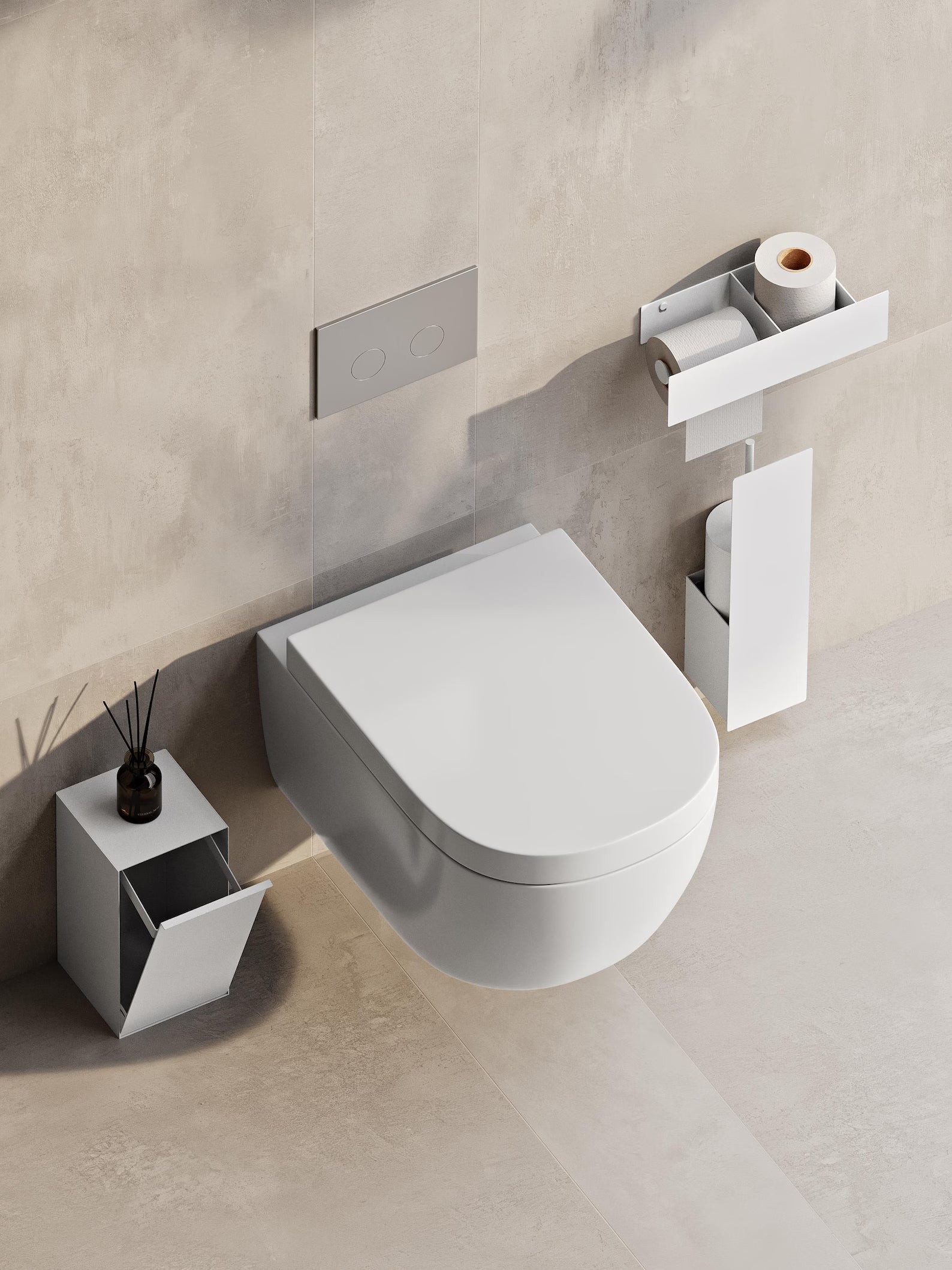 Bathroom set (Steel Trash Bin, Toilet Brush & Paper Shelf)