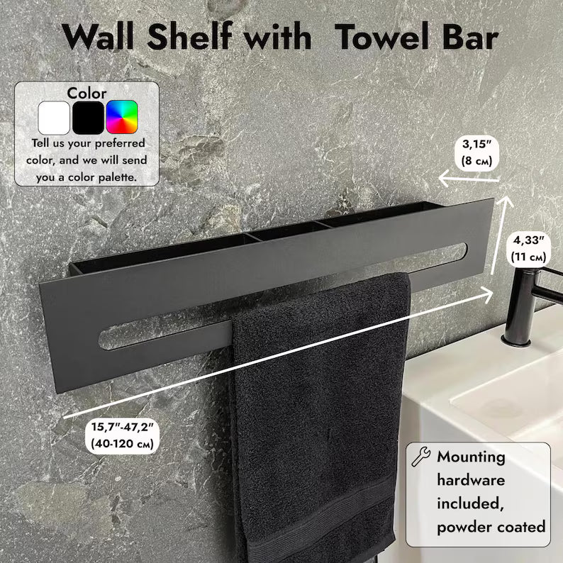 Schwebendes Metall-Wandregal mit drei Fächern und Handtuchhalter | Schwebende Badezimmeraufbewahrung | Minimalistische Wandregale