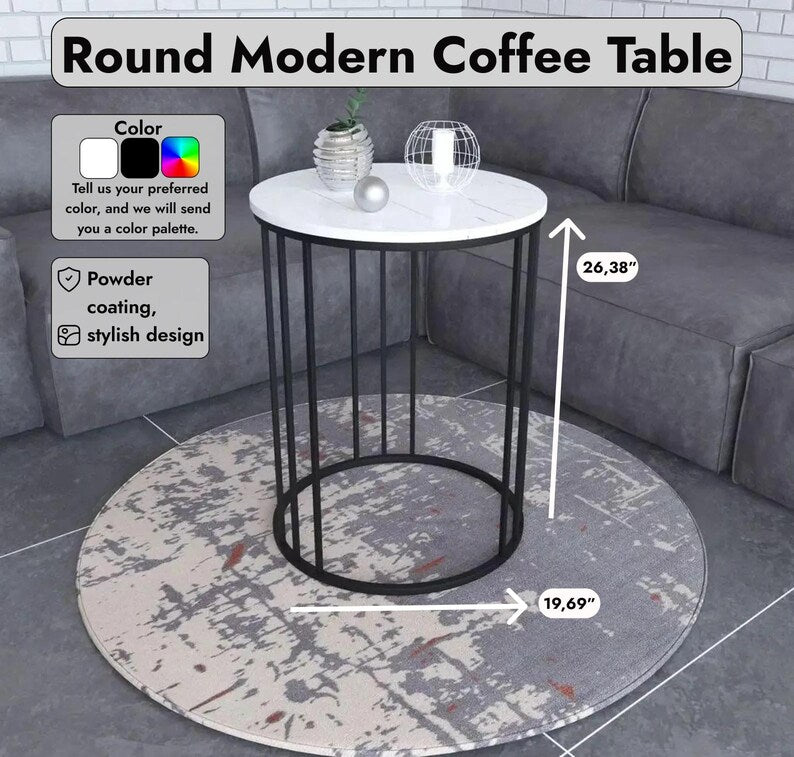 Marble Top Round Modern Coffee Table with Black or Gold Steel for Living Room
