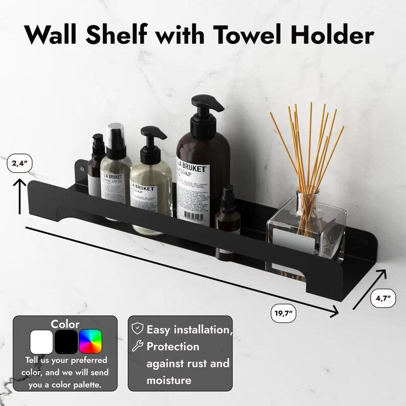 Black Narrow Metal Floating Bathroom Shelf with Towel Bar