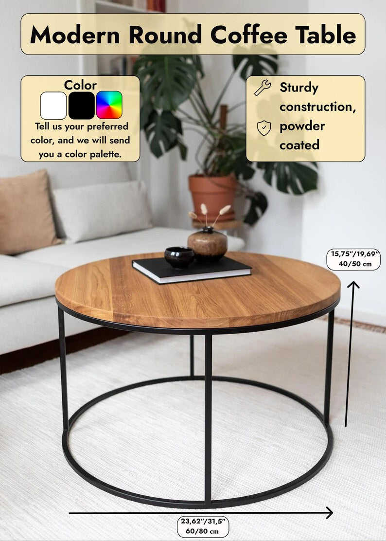 Tavolino da caffè rotondo in legno naturale e gambe in metallo nero | Tavolino da caffè moderno rotondo | Tavolino da caffè in legno naturale e acciaio inossidabile