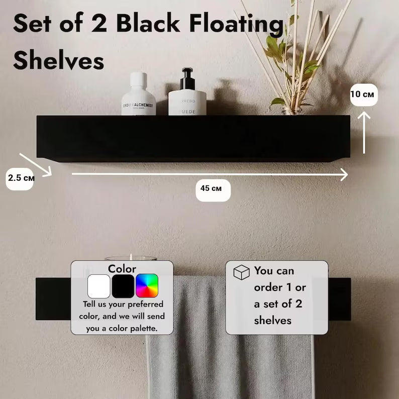 Set of 2 Black Floating Wall Shelves for Bathroom Storage with Towel Hook