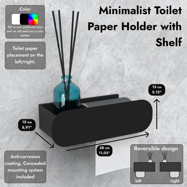 Minimalistischer, wandmontierter Toilettenpapierhalter mit Ablage | Rostfreier Badezimmer-Organizer aus Metall | Kompaktes, schwebendes Aufbewahrungsregal