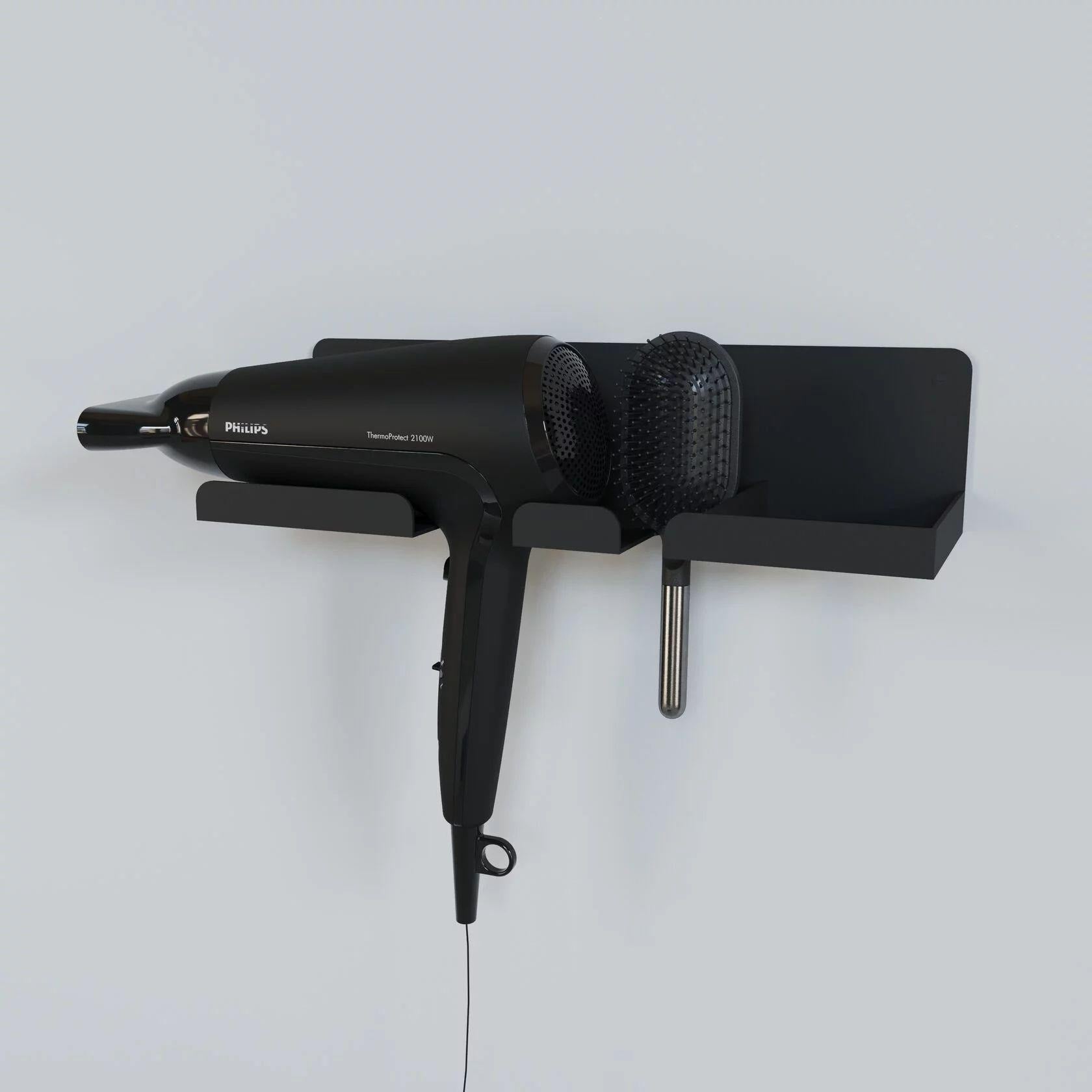 narrow shelf
dryer shelf
brush storage
hair dryer storage
floating shelf
metal shelf
dryer storage
black shelf
black metal shelf
floating shelves
shelves
wall shelf
wall mounted shelf