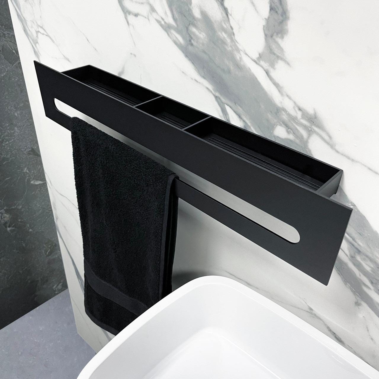 metal shelf with towel hanger
floating shelf
floating shelves
bathroom shelf
bathroom shelves
bathroom storage
black shelf
wall shelf
wall shelves
durable metal shelf
industrial shelf
narrow shelf
small shelf