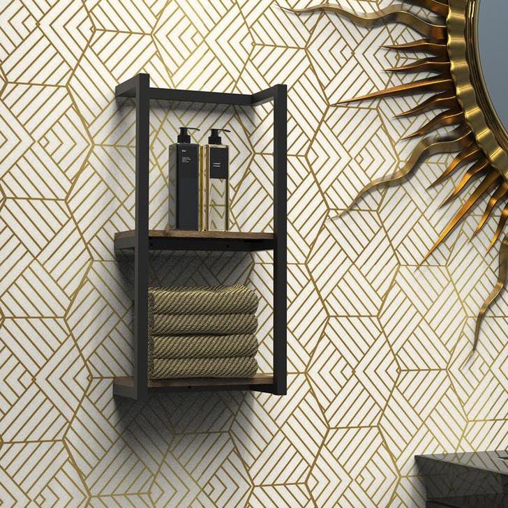 bathroom shelving
bathroom storage
kitchen shelves
towel holder
floating wall shelf
bath wall shelves
wall-mounted shelves
towel shelf
rustic wood storage
bathroom organizer
open kitchen shelves
open shelving
metal and wood shelf