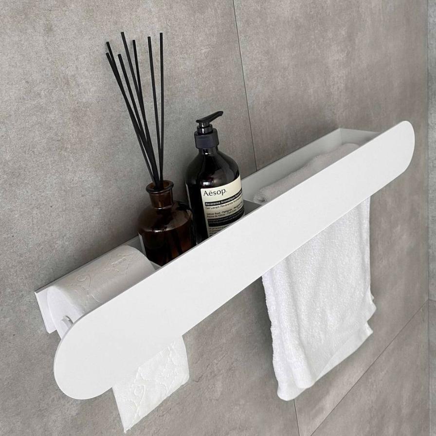 towel rack
towel holder
bathroom organizer
floating wall shelf
shelf and towel rail
wall-mounted shelf
bathroom shelf
bathroom wall shelf
shelf with towel bar
toilet paper holder
toilet roll holder
toilet paper storage
towel hanger