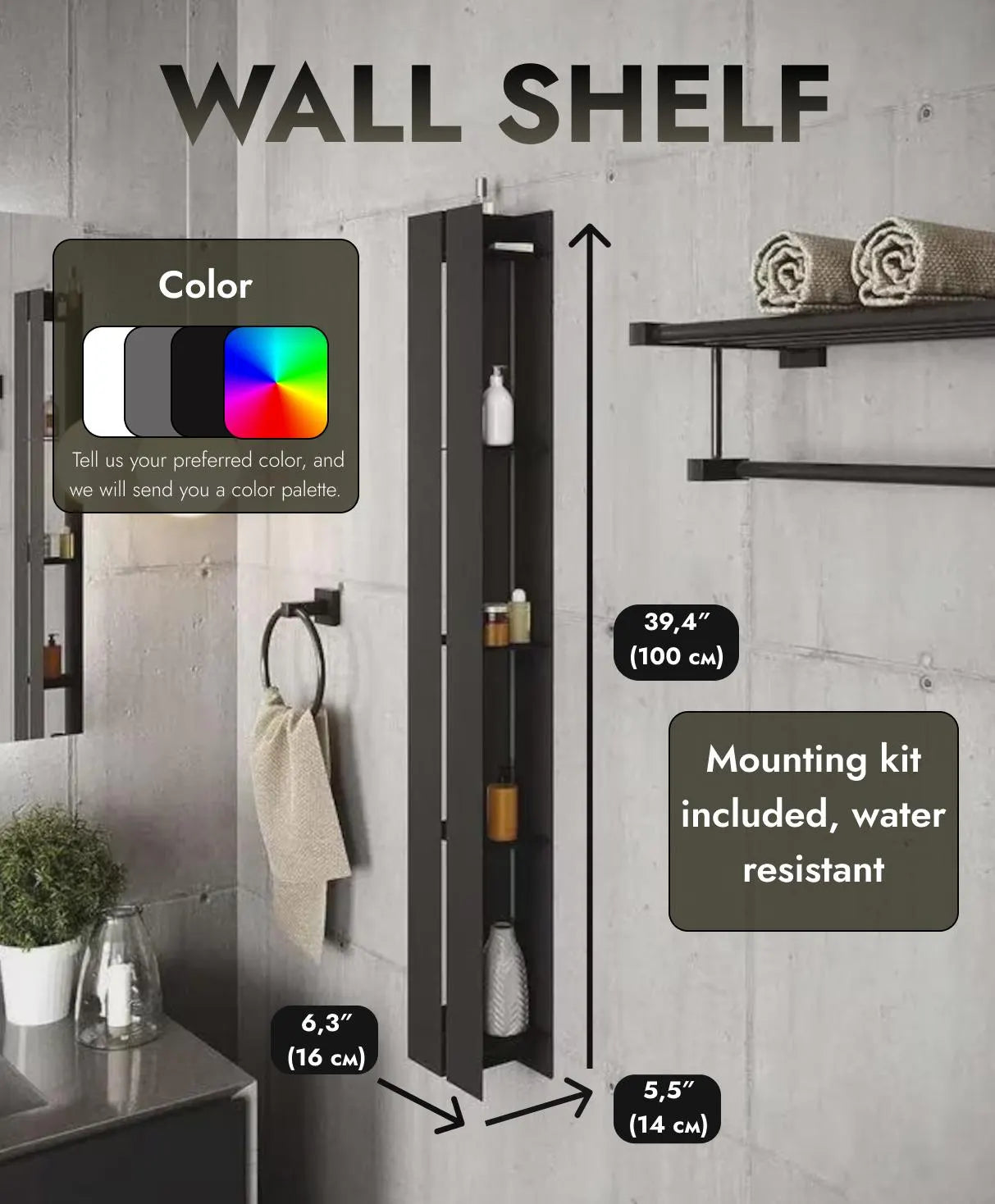 Schwarzer vertikaler Badezimmer-Organizer | Modernes, mattschwarzes Aufbewahrungsregal
