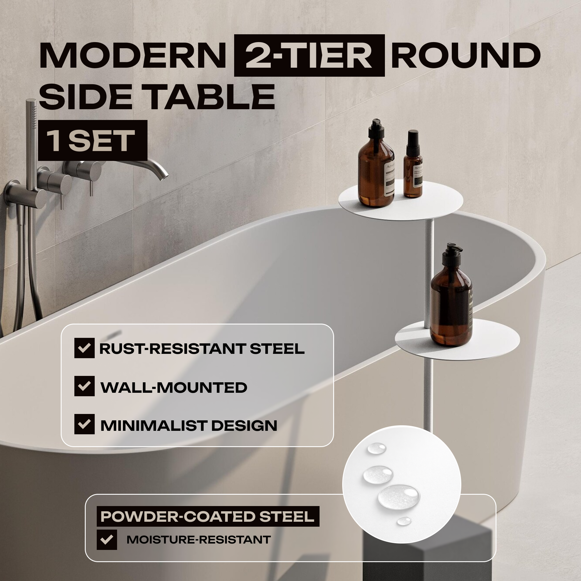 Moderner Badezimmer-Beistelltisch mit Betonsockel – Minimalistischer Stahlregalständer für Badewanne und Handtücher