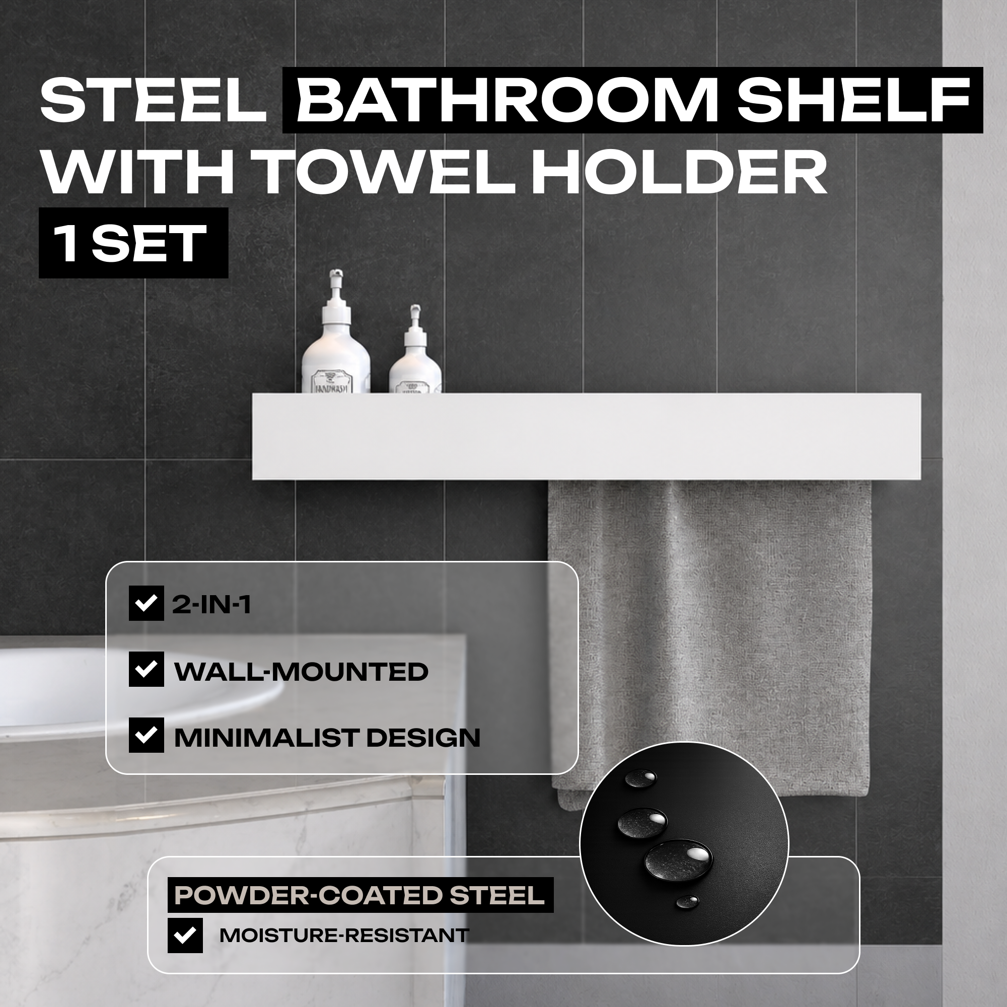 Minimalist Powder-Coated Steel Bathroom Shelf with Towel Rail
