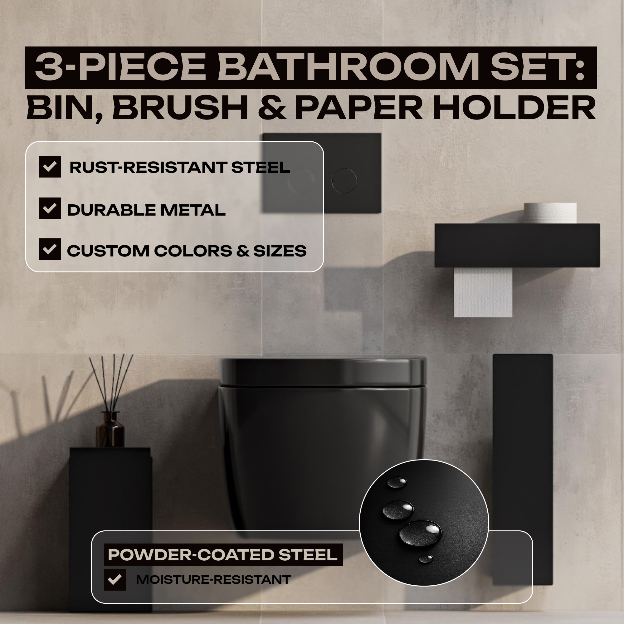 Bathroom set (Steel Trash Bin, Toilet Brush & Paper Shelf)
