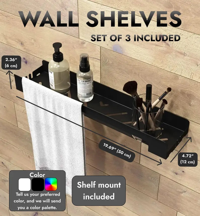 Mensole galleggianti in acciaio inossidabile in un set da 3 | Mensole galleggianti minimaliste nere per riporre oggetti in bagno | Mensola in acciaio nero di alta qualità