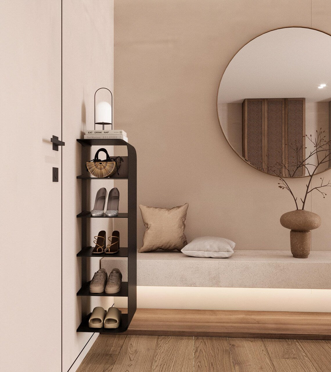 Schwebendes, wandmontiertes Schuhregal – Minimalistischer Organizer aus pulverbeschichtetem Stahl