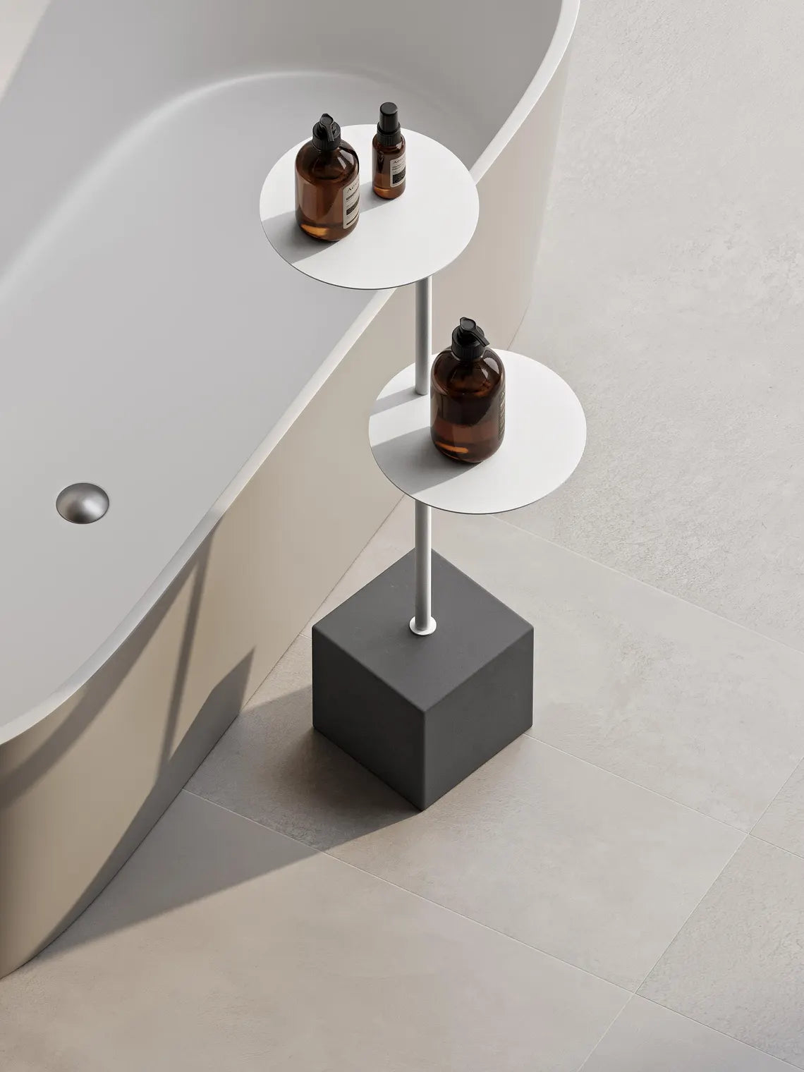 Moderner Badezimmer-Beistelltisch mit Betonsockel – Minimalistischer Stahlregalständer für Badewanne und Handtücher