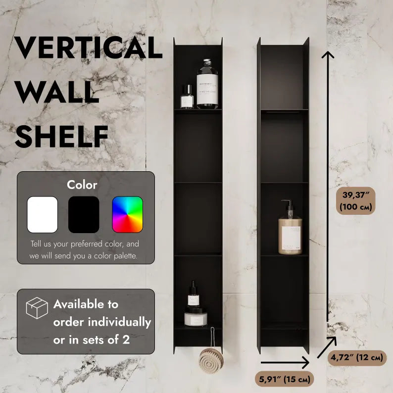 Vertikales Wandregal | Schwebendes Regal aus schwarzem oder weißem Edelstahl | Moderner, minimalistischer Wandorganizer | Badezimmeraufbewahrung