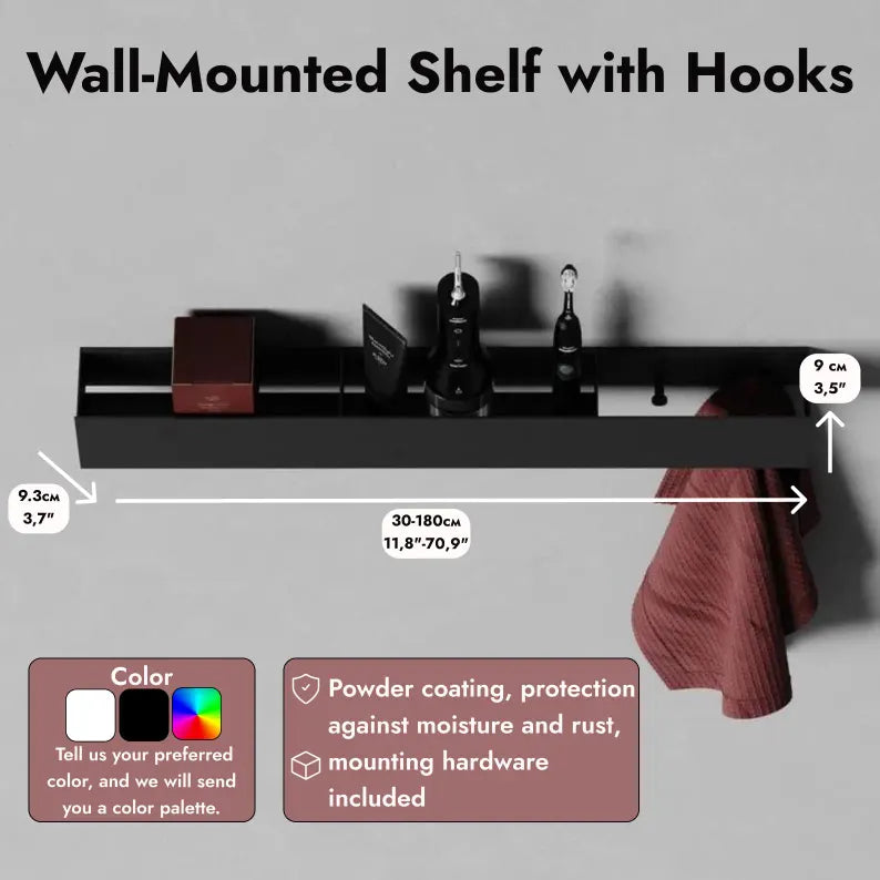 Steel Wall-Mounted Shelf with Hooks