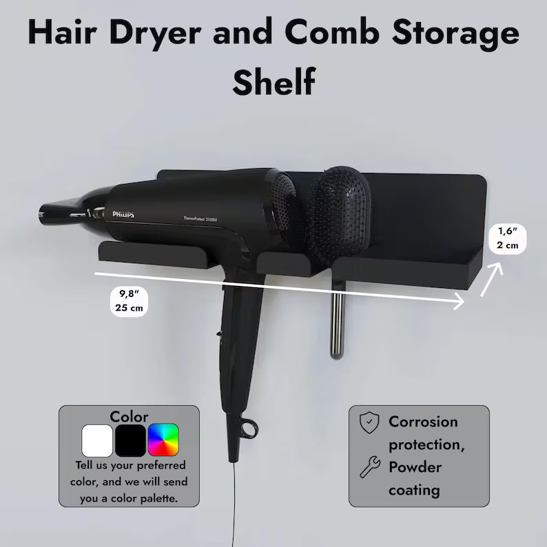 Mensola per asciugacapelli e spazzole | Parete funzionale in metallo verniciato a polvere disponibile in nero o bianco | Contenitore a parete