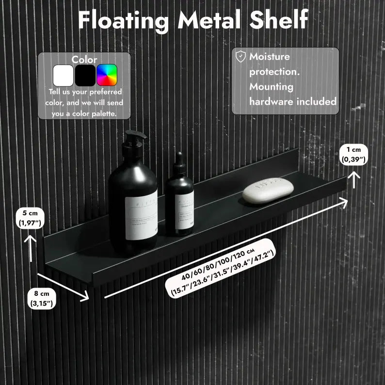 Modernes Badezimmerregal aus Metall | Schwarzes oder weißes Wandregal | Minimalistischer Badezimmer-Organizer | Schmale, schwebende Badezimmerablage