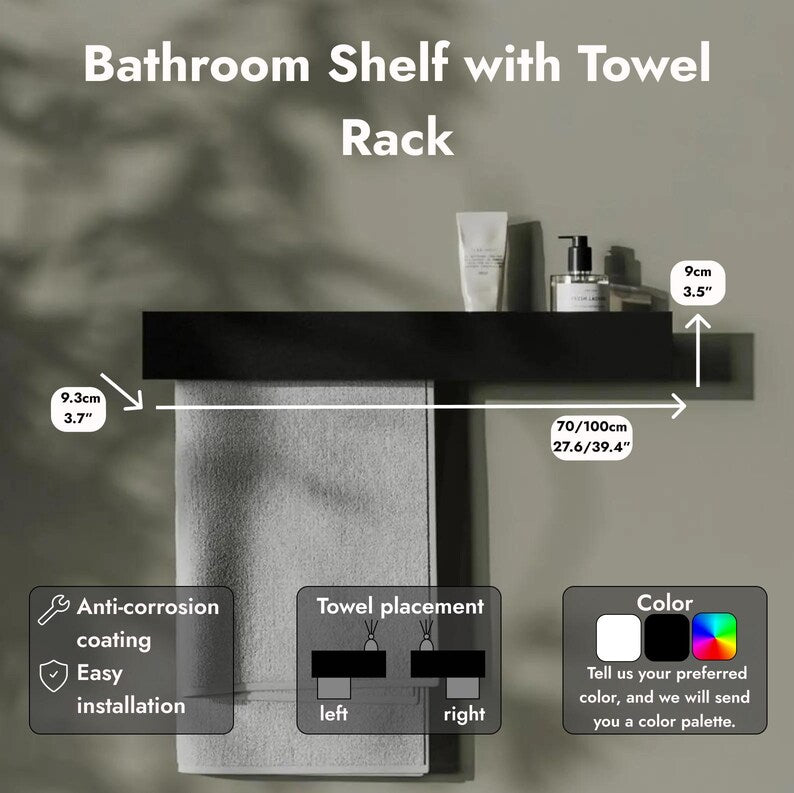 Minimalist Powder-Coated Steel Bathroom Shelf with Towel Rail