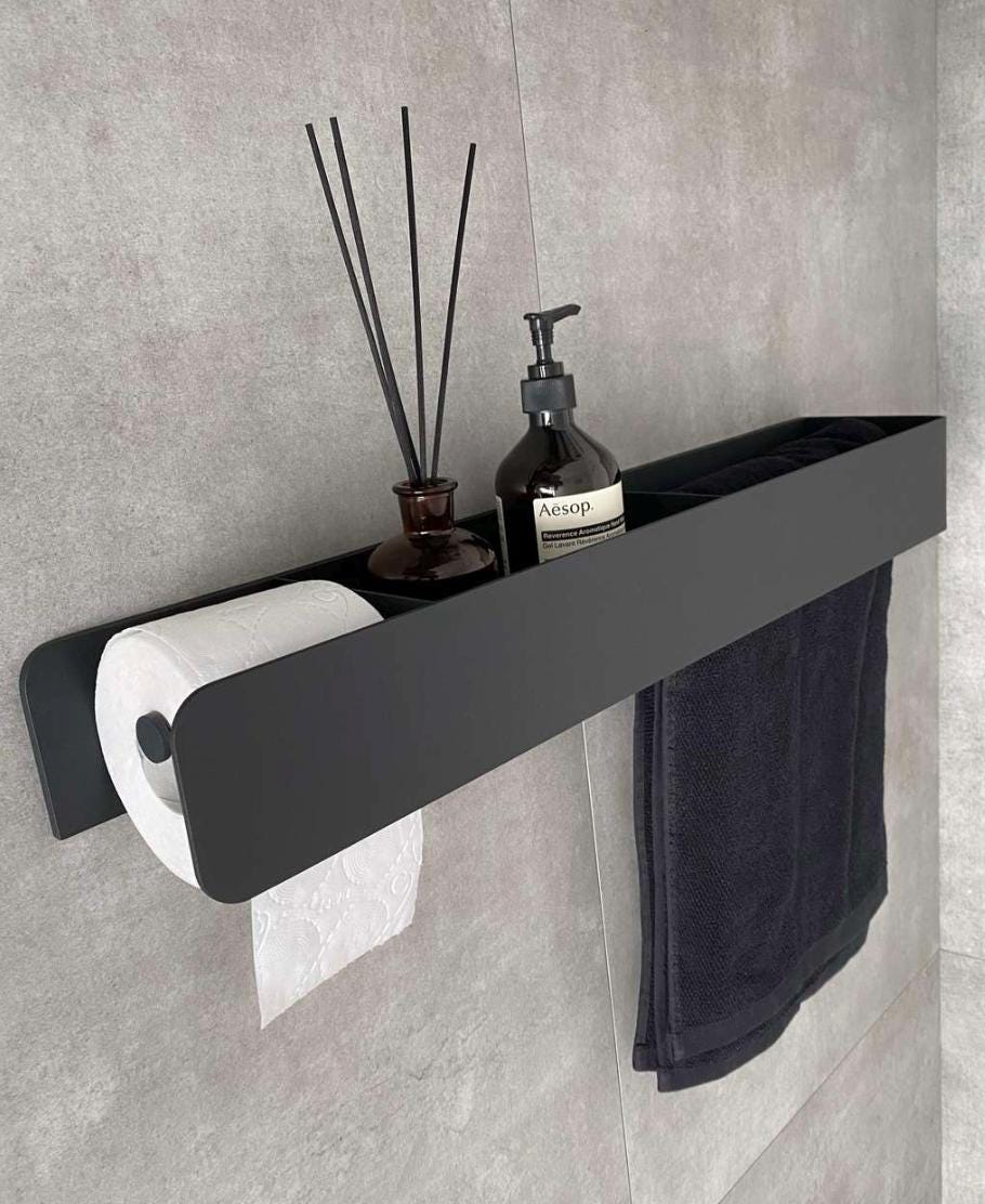 towel rack
towel holder
towel rail
bathroom organizer
floating wall shelf
shelf and towel rail
wall-mounted shelf
bathroom shelf
bathroom wall shelf
shelf with towel bar
toilet paper holder
toilet roll holder
toilet paper storage