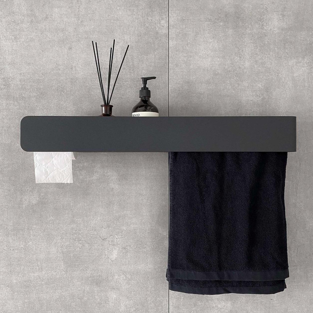 towel rack
towel holder
towel rail
bathroom organizer
floating wall shelf
shelf and towel rail
wall-mounted shelf
bathroom shelf
bathroom wall shelf
shelf with towel bar
toilet paper holder
toilet roll holder
toilet paper storage